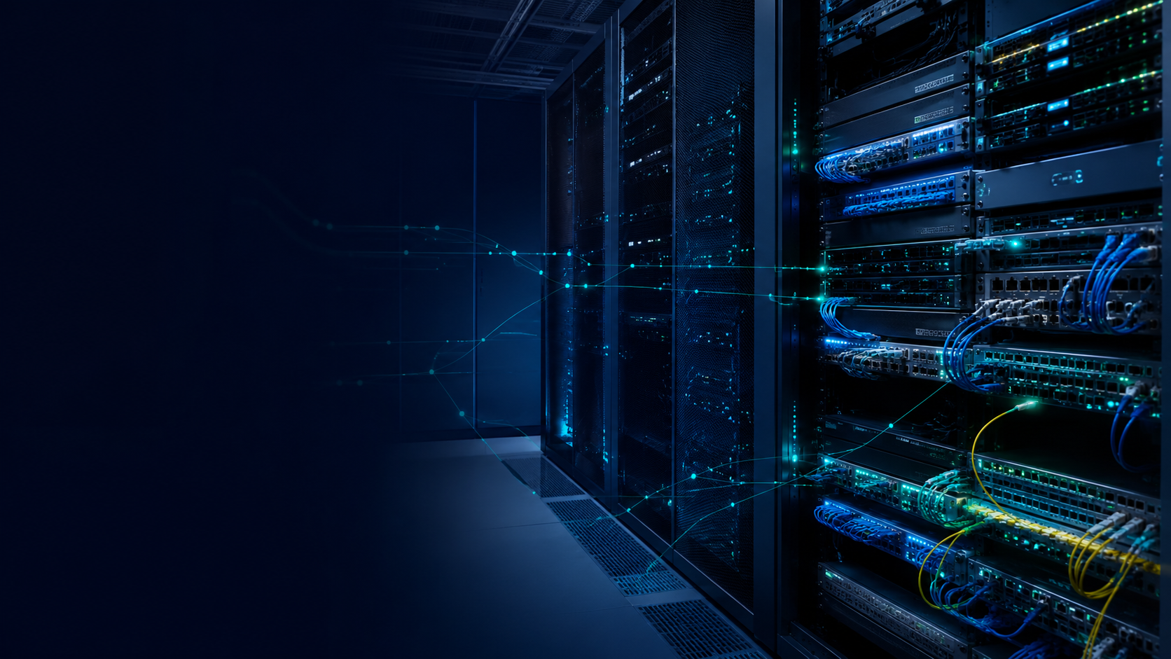A secured enterprise data centre with network connections traced across the server racks
