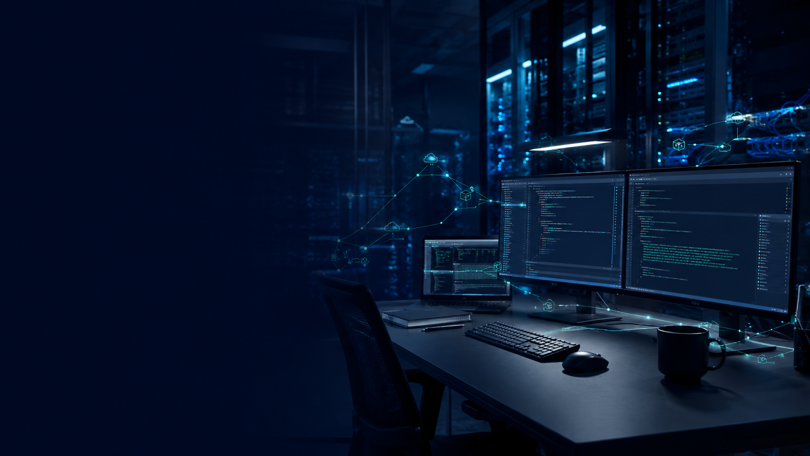A modern application and automation pipeline traced across network infrastructure