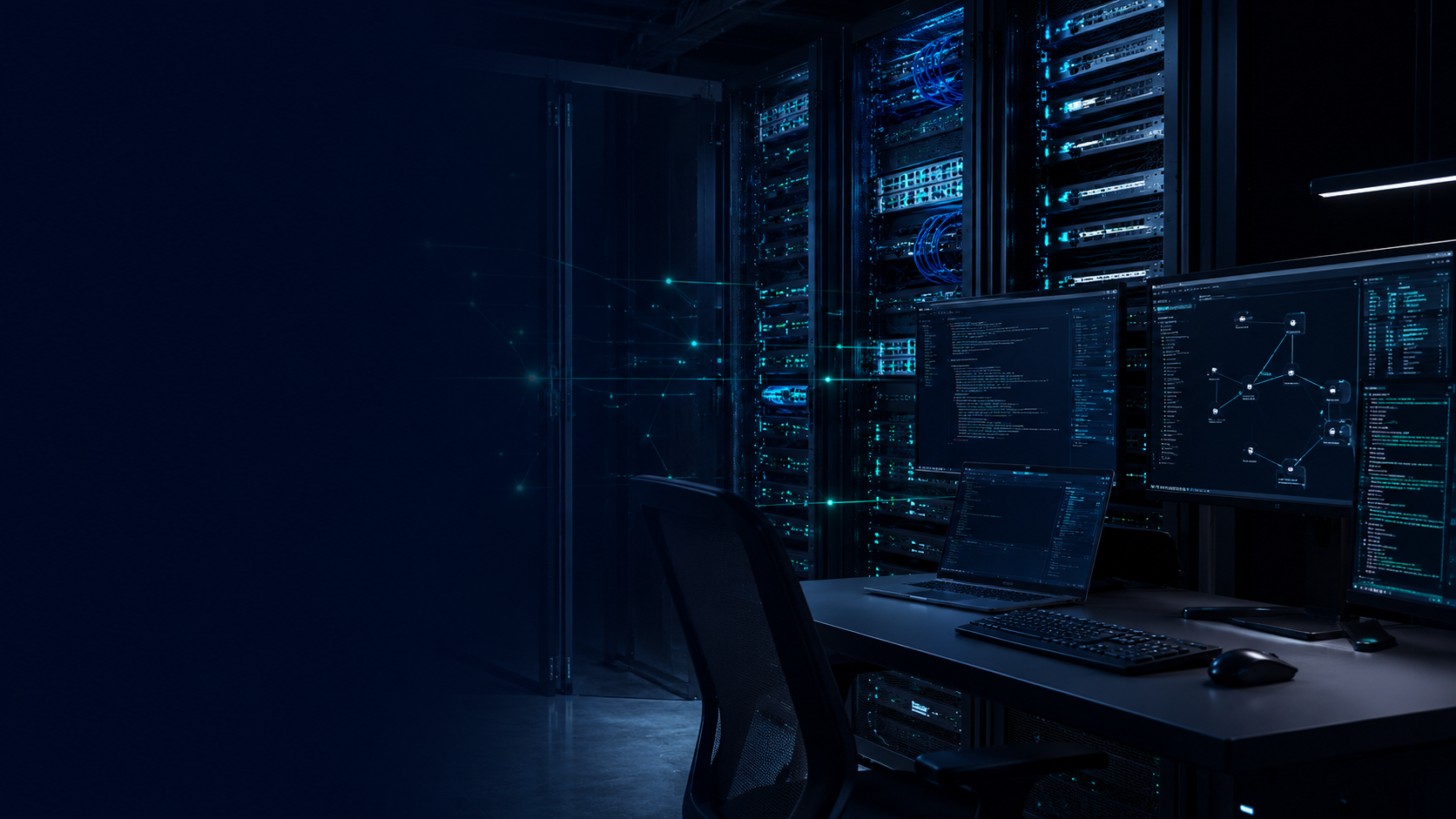 A security analyst reviewing risk and vulnerability data across monitors in a data centre