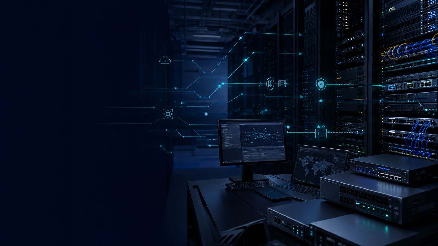A secured data centre with monitored network connections traced across the racks